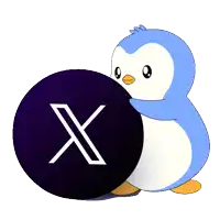 a blue and white penguin standing next to a black circle with a white x on it