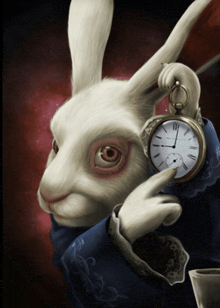 a white rabbit with red eyes is holding a pocket watch with roman numerals on the face