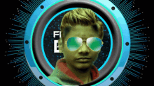 a man wearing sunglasses is surrounded by a blue circle with the letter e on it