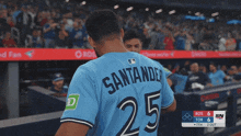 a baseball player wearing a blue jersey with the number 25 on it