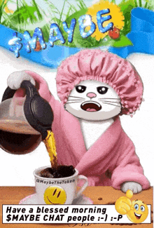 a cartoon cat in a bathrobe pouring coffee into a cup with a smiley face on it