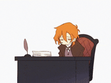 a cartoon of a person sitting at a desk with a stack of papers on it