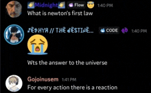 a group of people are talking about newton 's first law on a black background .