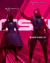 a man and a woman are dancing in a video game with a invite to party button