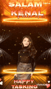 a woman stands in front of a sign that says happy tasking