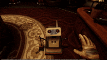 a screenshot of a video game shows a person pressing a button on a robot