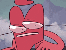 a cartoon drawing of a red cartoon character with a sad face
