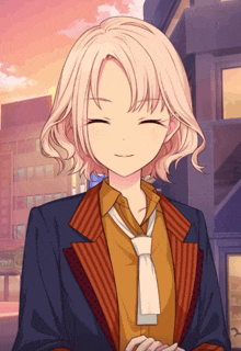 a girl with blonde hair is wearing a tie and a striped jacket