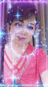 a woman in a pink shirt is surrounded by glowing stars