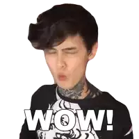 a man with a tattoo on his neck is making a surprised face and the word wow is on the bottom