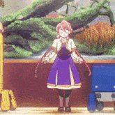 a girl in a purple dress is standing in front of a tree