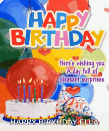 a birthday card with a cake and balloons says happy birthday ella