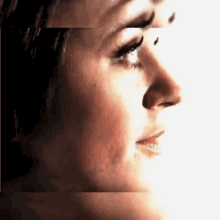 a close up of a woman 's face with a white background