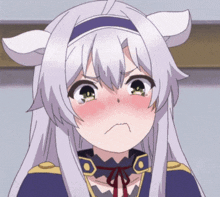 a girl with white hair and cat ears is crying with her eyes closed