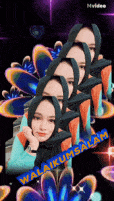 a woman wearing a hijab is surrounded by colorful flowers and says ' awalikum salam ' on the bottom