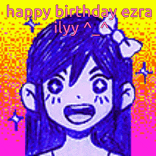 a drawing of a girl with blue hair and a bow in her hair is being used as a birthday card .