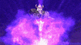 a robot with horns is surrounded by purple smoke and light