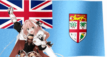 a girl with pink hair stands in front of a british flag