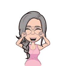 a cartoon drawing of a woman wearing glasses and a pink dress