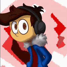 a drawing of a boy wearing headphones and a blue jacket with a red background