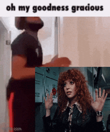 a man with a beard is standing next to a woman with red curly hair .