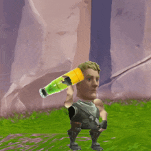 a cartoon character is holding a bottle of liquid