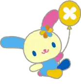 a cartoon bunny is holding a yellow balloon with a x on it