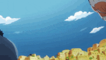 a cartoon scene with a blue sky and buildings in the background