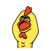 a cartoon chicken with its mouth open and a heart on its chest .