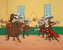 a group of cartoon characters standing around barrels