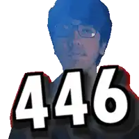 a man wearing glasses stands in front of a sign that says " 444 "