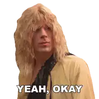 a man with blonde hair says yeah okay in white letters