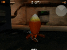 a video game shows a squirrel playing a guitar with the number 2 on the screen