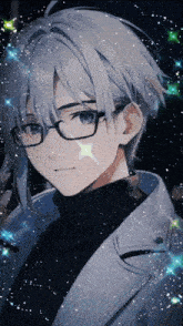 a boy with white hair and glasses is surrounded by sparkles