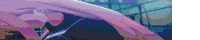 a close up of a person with pink hair holding a knife in their hand .