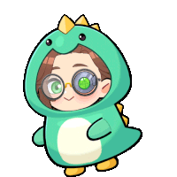 a cartoon character with glasses and a green eye is wearing a dinosaur costume