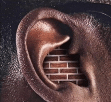 a close up of a person 's ear with a brick wall inside