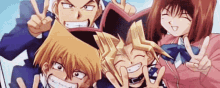 a group of anime characters are posing for a picture and giving peace signs