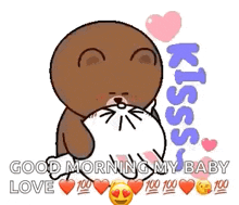 a cartoon bear is kissing a cat with hearts around it and says `` good morning my baby love '' .