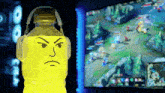 a yellow bottle with an angry face and headphones on