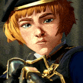 a close up of a cartoon character wearing a hat and gloves