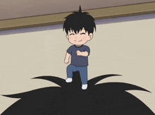 a cartoon boy is standing on a black object