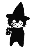 a black and white drawing of a person wearing a witch hat