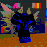 a cartoon character with wings is standing in front of a wall