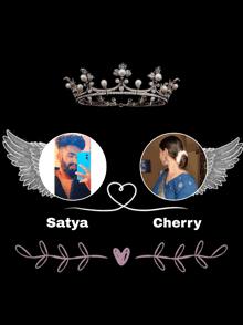 a picture of a man and a woman with the name satya and cherry on the bottom
