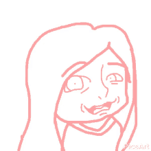 a pink line drawing of a girl with long hair making a face