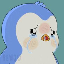 a penguin is crying with tears coming out of its eyes and the word penguin is on the bottom right