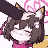 a person is petting a cartoon character 's head with a cat ear .
