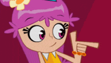 a cartoon girl with purple hair and a flower in her hair points at something