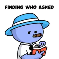 a cartoon of a man smoking a cigar and reading a book with the words " finding who asked " above him